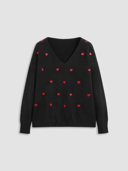 Cider - Knitted V-neck Heart Long Sleeve Top