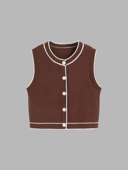 Cider - Knitted Solid Button Contrasting Binding Crop Vest