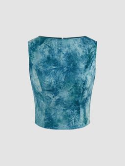 Cider - Boat Neckline Abstract Tie Dye Zipper Crop Tank Top