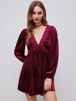 Cider - Velvet V-neck Knotted Lace Ruffle Mini Dress