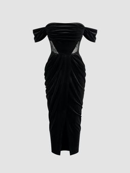 Cider - Velvet Solid Lace Ruched Zipper Maxi Dress