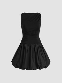Cider - Boat Neck Solid Bubble Hem Mini Dress