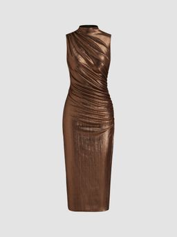 Cider - Metallic Stand Collar Solid Ruched Midi Dress