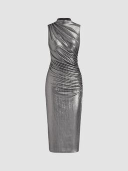 Cider - Metallic Stand Collar Solid Ruched Midi Dress