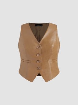Cider - Faux Leather V-neck Solid Button Jacket Vest Curve & Plus