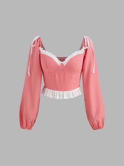 Cider - Sweetheart Neckline Gingham Knotted Broderie Anglaise Trim Long Sleeve Crop Blouse
