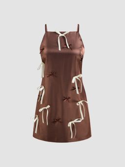 Cider - Satin Square Neck Bowknot Mini Dress