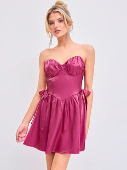 Cider - Satin Sweetheart Neckline Bowknot Ruffle Mini Dress