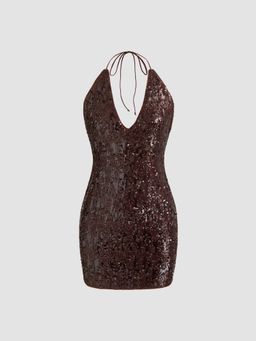 Cider - Sequin V-neck Solid Knotted Backless Mini Dress