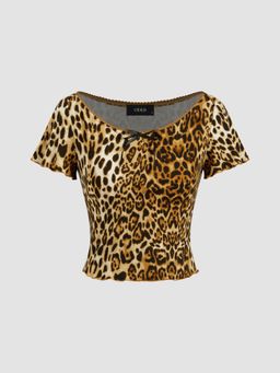 Cider - Boat Neckline Leopard Bowknot Crop Short Sleeve Tee