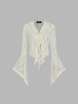 Cider - Lace V-neck Solid See-through Long Sleeve Top