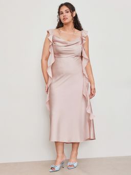 Cider - Satin Cowl Neck Solid Ruffle Hem Maxi Dress Curve & Plus