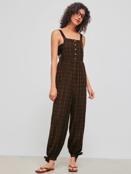 Cider - 100% Cotton Square Neck Check Knotted Jogger Jumpsuit