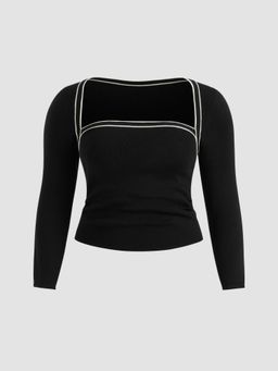 Cider - Knit Square Neck Solid Contrasting Binding Ruched Long Sleeve Top Curve & Plus