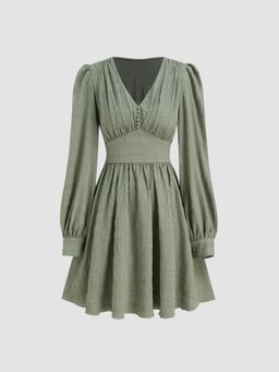 Cider - V-neck Solid Texture Corset Ruffle Mini Dress