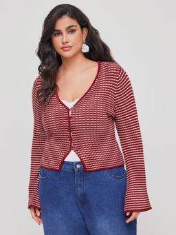 Cider - Knit V-neck Striped Long Sleeve Crop Top Curve & Plus