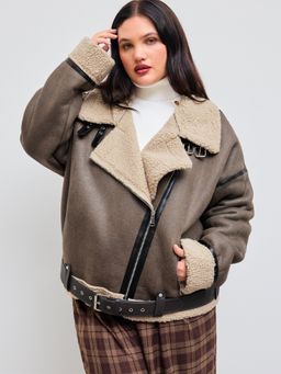 Cider - Faux Shearling Biker Jacket With Belt Curve & Plus