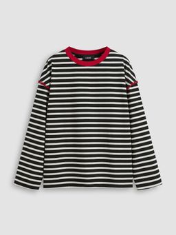 Cider - Cotton-blend Round Neckline Striped Contrasting Binding Long Sleeve Tee