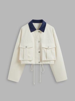 Cider - 100% Cotton Collar Solid Drawstring Knotted Pocket Oversized Jacket