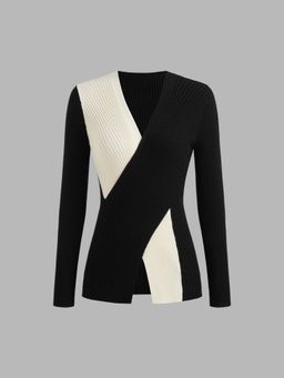 Cider - Knit V-neck Two Tone Long Sleeve Top