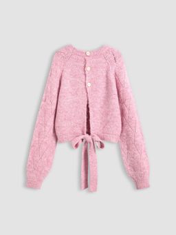 Cider - Knit Round Neckline Hollow Out Rhombus Knotted Long Sleeve Top