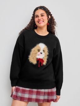 Cider - Knitted Round Neckline Wool Dog Pattern Sweater Curve & Plus