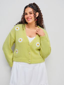Cider - Wool-blend Knitted V-neck Daisy Floral Button Cardigan Curve & Plus
