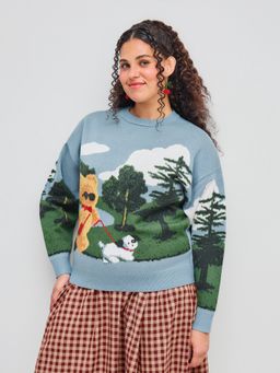 Cider - Jacquard Knit Round Neckline Oil Painting Bear Long Sleeve Sweater Curve & Plus