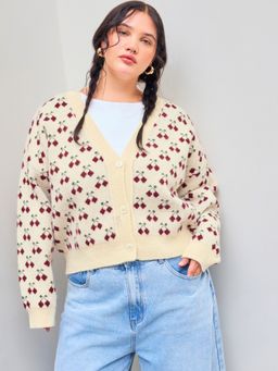 Cider - Knitted V-neck Cherry Geometric Button Cardigan Curve & Plus