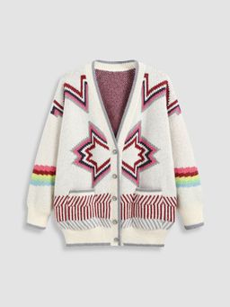 Cider - Knit V-neck Geometric Contrasting Binding Pocket Cardigan Curve & Plus
