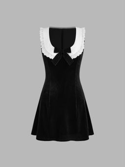 Cider - Velvet Scoop Neckline Solid Bowknot Lettuce Trim Mini Dress