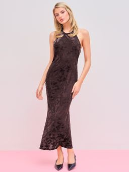 Cider - Mesh Halter Neckline Floral Knotted Maxi Dress