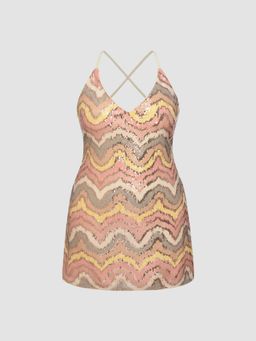 Cider - Sequin V-neck Wave Striped Criss Cross Mini Dress Curve & Plus