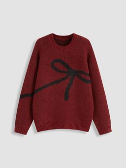 Cider - Knit Round Neckline Bowknot Oversized Sweater