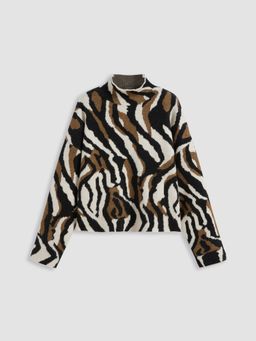 Cider - Knit Stand Collar Zebra Stripe Print Oversized Top
