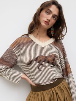 Cider - Knitted V-neck Horse Stripe Long Sleeve Top