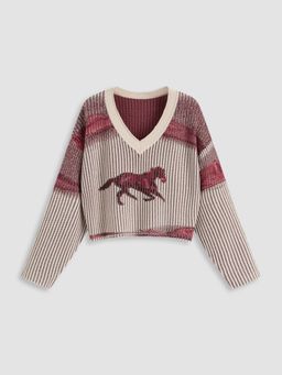 Cider - Knitted V-neck Horse Stripe Long Sleeve Top