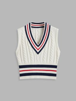 Cider - Cable Knit V-neck Striped Contrasting Binding Vest