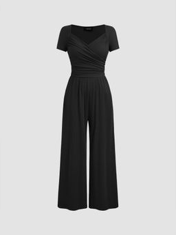 Cider - V-neck Solid Ruched Straight Leg Jumpsuit