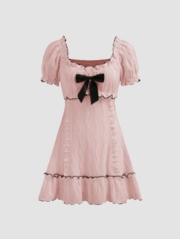 Cider - Square Neck Texture Bowknot Lettuce Trim Puff Sleeve Mini Dress