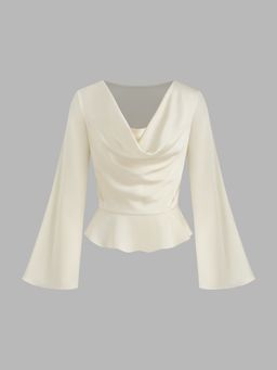 Cider - Satin Cowl Neckline Solid Ruffle Hem Long Sleeve Blouse