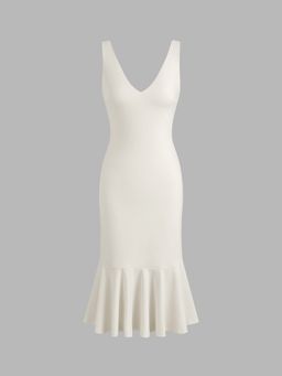 Cider - Contour Double Layered V-neck Solid Ruffle Midi Dress