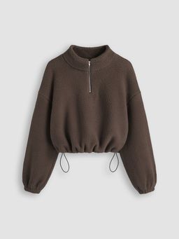 Cider - Fleece High Neck Solid Drawstring Zipper Sweatshirt