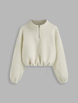 Cider - Fleece High Neck Solid Drawstring Zipper Sweatshirt