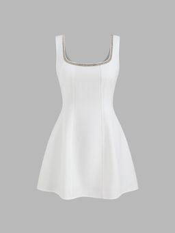 Cider - Scoop Neckline Solid Rhinestone Zipper Mini Dress