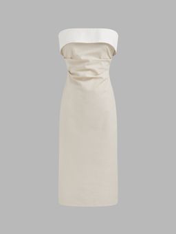 Cider - Linen-blend Collarless Solid Split Ruched Zipper Midi Dress