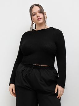 Cider - Wool-blend Knit Stand Collar Solid Lettuce Trim Long Sleeve Sweater Curve & Plus