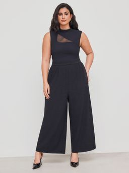 Cider - High Neck Solid Cut Out Pocket Wide Leg Jumpsuit Curve & Plus