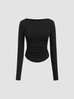 Cider - Boat Neck Solid Ruched Long Sleeve Tee