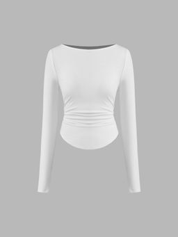 Cider - Boat Neck Solid Ruched Long Sleeve Tee